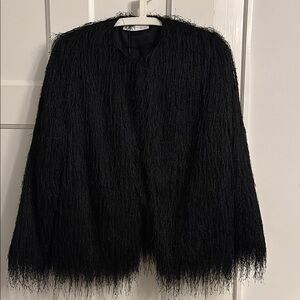 Zara Black Fringe Faux-Fur Jacket